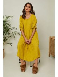 Fleur de Lin Lniana sukienka "Lantana" w kolorze żółtym rozmiar: S. Żółte sukienki Fleur de Lin, s, bez wzorów, ze lnu, bez kołnierzyka, bez ramiączek, maxi, rozkloszowane. Za 225.05 zł.