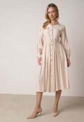 Beżowa Wiskozowa Sukienka Koszulowa z Paskiem Andranassa. Brązowe sukienki Born2be, na co dzień, l, bez wzorów, ze skóry, eleganckie, bez kołnierzyka, bez ramiączek, midi, koszulowe. Za 149.99 zł.