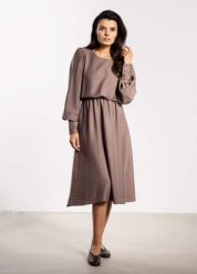 Elegancka sukienka rozkloszowana z długim rękawem taupe. Sukienki Infinite You, s, bez wzorów, eleganckie, bez kołnierzyka, bez ramiączek, rozkloszowane. Za 329.00 zł.