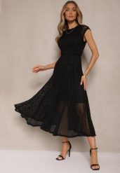 Czarna Ażurowa Sukienka o Rozkloszowanym Kroju Ozdobiona Paskiem Galorena. Czarne sukienki Renee, na spotkanie biznesowe, l, w ażurowe wzory, z materiału, eleganckie, bez kołnierzyka, bez ramiączek, midi, rozkloszowane. Za 174.99 zł.
