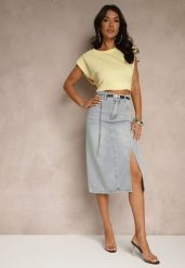 Jasnoniebieska Jeansowa Spódnica z Bawełny z Łańcuchem Lilurea. Niebieskie spódnice Renee, na co dzień, l, bez wzorów, z bawełny, eleganckie, midi, koszulowe. Za 49.99 zł.