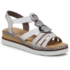 Sandały Rieker. Białe sandały Rieker, bez wzorów, bez obcasa, na koturnie, bez zapięcia. Za 269.99 zł.