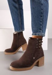 Brązowe Botki na Słupku z Trzema Paseczkami z Klamerkami Ivenitha. Brązowe botki Renee, bez wzorów, z jeansu, bez obcasa, na obcasie, bez zapięcia. Za 139.99 zł.