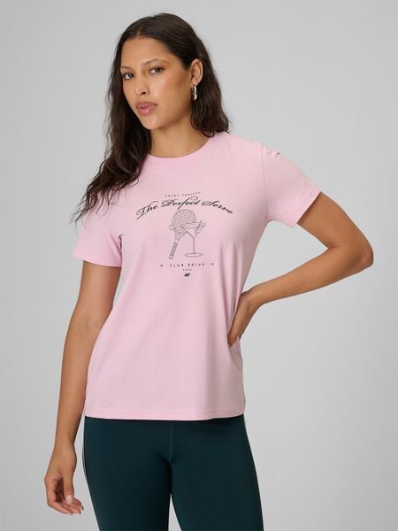 4F T-shirt regular z nadrukiem damski - różowy S. Czerwone t-shirty 4f, s, bez wzorów, z bawełny, bez kołnierzyka, bez ramiączek. Za 59.99 zł.