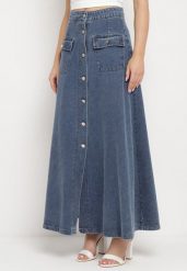 Granatowa Trapezowa Spódnica Maxi Bawełniana Jeansowa z Guzikami i Kieszeniami z Klapami Zrissa. Niebieskie spódnice Born2be, na co dzień, m, bez wzorów, z bawełny, eleganckie, maxi, koszulowe. Za 94.99 zł.