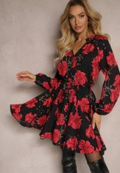 Czarno-Czerwona Sukienka w Kwiatowy Print o Rozkloszowanym Kroju z Wiązaniem w Talii Ameriana. Czerwone sukienki Renee, na co dzień, na lato, m, bez wzorów, eleganckie, bez kołnierzyka, bez ramiączek, mini, kopertowe. Za 89.99 zł.
