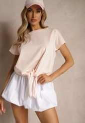 Jasnoróżowy Bawełniany T-shirt Wiązany u Dołu Sunalina. Czerwone t-shirty Renee, l, bez wzorów, z bawełny, bez kołnierzyka, bez ramiączek. Za 49.99 zł.