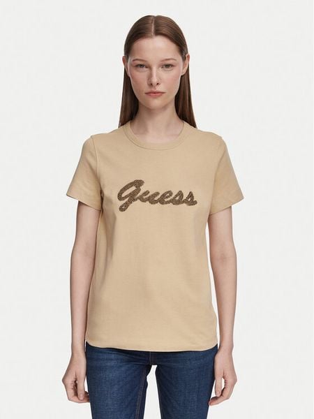 Guess T-Shirt W6YI29 K4348 Beżowy Regular Fit. Brązowe t-shirty Guess, xs, z aplikacjami, z bawełny, bez kołnierzyka, bez ramiączek. Za 174.99 zł.