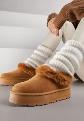 Brązowe Krótkie Śniegowce na Platformie Ozdobione Futerkiem Sewlara. Brązowe trapery i śniegowce Renee, z jeansu. Za 44.99 zł.