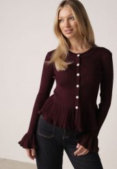 Bordowy Elegancki Kardigan z Wiskozy z Falbankami i Guzikami z Cyrkoniami Orsea. Czerwone kardigany Born2be, z aplikacjami, z jeansu. Za 119.99 zł.