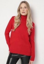 Czerwony Casualowy Golf z Wełną o Prostym Kroju Reiselia. Czerwone golfy Born2be, uniwersalny, bez wzorów, z bawełny, bez ramiączek. Za 69.99 zł.
