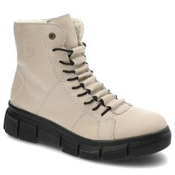Beżowe Botki Rieker Ocieplane Buty Damskie. Brązowe botki Rieker, bez wzorów, z puchu, bez obcasa, na obcasie, bez zapięcia. Za 389.00 zł.