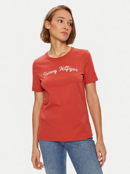 Tommy Hilfiger T-Shirt Script WW0WW42589 Czerwony Regular Fit. Czerwone t-shirty TOMMY HILFIGER, s, bez wzorów, z bawełny, bez kołnierzyka, bez ramiączek. Za 129.99 zł.