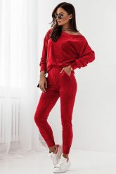 Welurowy Komplet Bluza i Spodnie - Czerwony. Czerwone bluzy Ivon, l, bez wzorów, z materiału, bez kaptura. Za 279.90 zł.