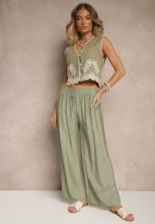 Jasnozielone Spodnie z Wiskozy High Waist o Szerokim Kroju Divlise. Zielone spodnie materiałowe Renee, na co dzień, l, bez wzorów, z jeansu, z podwyższonym stanem. Za 39.99 zł.