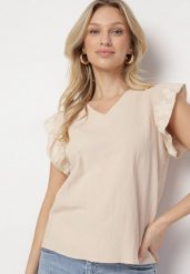 Beżowa Bluzka Bawełniana z Haftowaną Falbanką Przy Ramionach Lorabis. Brązowe bluzki Born2be, l, z aplikacjami, z bawełny, eleganckie, bez kołnierzyka, bez ramiączek. W wyprzedaży za 55.99 zł.