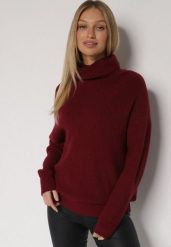 Bordowy Golf o Klasycznym Kroju z Kaszmirem Azifra. Czerwone golfy Born2be, uniwersalny, bez wzorów, z jeansu, bez ramiączek. Za 139.99 zł.