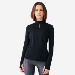 Bluza do biegania damska Kiprun Run 100 Warm. Czarne bluzy KALENJI, l, bez wzorów, z dzianiny, bez kaptura. Za 59.99 zł.