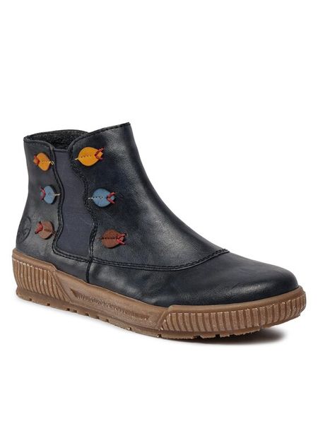 Rieker Botki N0751-14 Granatowy. Niebieskie botki Rieker, bez wzorów, z syntetyku, bez obcasa, na płaskiej podeszwie, bez zapięcia. Za 263.99 zł.