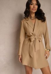 Ciemnobeżowa Marynarka Sukienkowa z Usztywnioną Linią Ramion Wiązana w Talii Equintina. Brązowe marynarki i żakiety Renee, l, bez wzorów, biznesowe. Za 119.99 zł.