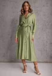 Zielona Sukienka z Wiskozą o Koszulowym Kroju z Wiązanym Paskiem Rissanni. Zielone sukienki Renee, l, bez wzorów, z wiskozy, eleganckie, bez kołnierzyka, bez ramiączek, koszulowe. Za 129.99 zł.