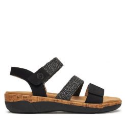 Sandały Remonte. Czarne sandały Remonte, bez wzorów, bez obcasa, na koturnie, bez zapięcia. Za 349.99 zł.