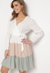 Biało-Zielona Sukienka Mini Z Gumką w Paskiem w Talii Tixia. Białe sukienki Born2be, l, bez wzorów, bez kołnierzyka, bez ramiączek, mini. Za 89.99 zł.