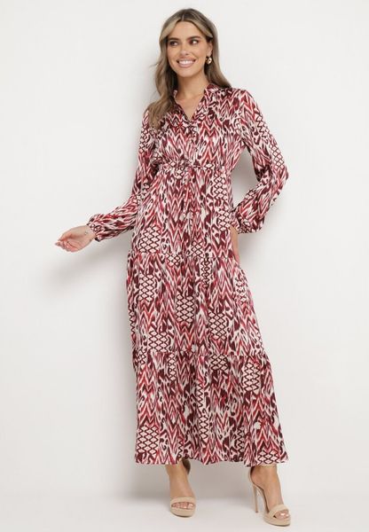 Czerwona Rozkloszowana Sukienka z Paskiem w Talii i Falbanką Zapinana na Guziki Loremarie. Czerwone sukienki Born2be, na co dzień, l, z aplikacjami, eleganckie, bez kołnierzyka, bez ramiączek, maxi, proste. Za 139.99 zł.