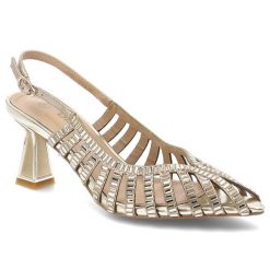 Sandały damskie S.Barski, cholewka ze skóry naturalnej z odkrytą piętą na efektownym obcasie z ażurową konstrukcją i geometrycznymi zdobieniami, złot. Żółte sandały S.BARSKI, z aplikacjami, ze skóry, bez obcasa, na obcasie, bez zapięcia. Za 269.90 zł.