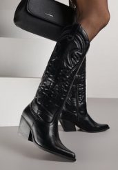 Czarne Kozaki Kowbojki na Stożkowym Obcasie Zdobione Przeszyciami Lumifera. Czarne kozaki Renee, bez obcasa, na obcasie, bez zapięcia. Za 139.99 zł.