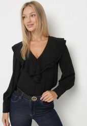 Czarna Koszula Vices z Bufiastymi Rękawami i Żabotem z Falbanami Zoivia. Czarne koszule Born2be, l, z aplikacjami, z jeansu, biznesowe, bez kołnierzyka, bez ramiączek. Za 99.99 zł.