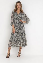 Czarno-Szara Sukienka Abraxos. Czarne sukienki Born2be, l, z aplikacjami, bez kołnierzyka, bez ramiączek, maxi, dopasowane. Za 34.99 zł.