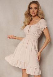 Beżowa Sukienka z Wiskozy z Gumkami w Talii i Dekoltem ze Ściągaczem Tiimazela. Brązowe sukienki Renee, na co dzień, l, bez wzorów, z wiskozy, eleganckie, bez kołnierzyka, bez ramiączek, mini, kopertowe. Za 44.99 zł.