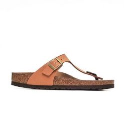 Japonki damskie Birkenstock Gizeh. Brązowe klapki Birkenstock, bez wzorów, z materiału, bez obcasa. Za 509.99 zł.