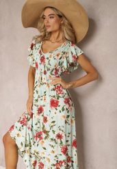 Jasnozielona Wiskozowa Sukienka w Kwiatowy Print Rozkloszowana Maxi Veradisia. Zielone sukienki Renee, na plażę, na lato, l, bez wzorów, z wiskozy, bez kołnierzyka, bez ramiączek, maxi, rozkloszowane. Za 74.99 zł.