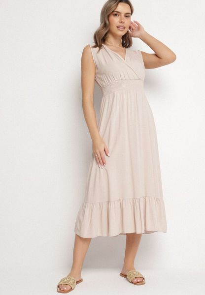 Beżowa Wiskozowa Sukienka o Kopertowym Kroju z Falbanką Uliria. Brązowe sukienki Born2be, na spotkanie biznesowe, na lato, l, bez wzorów, z wiskozy, eleganckie, bez kołnierzyka, bez ramiączek, kopertowe. Za 59.99 zł.