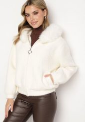 Jasnobeżowa Rozpinana Bluza z Wiskozą Wełną i Futerkiem Tesalttia. Brązowe bluzy Born2be, l, z aplikacjami, z jeansu, bez kaptura. Za 219.99 zł.