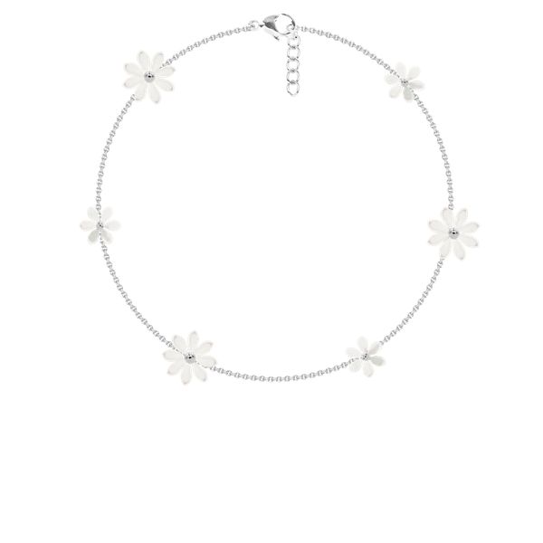 Bransoletka Flowers na łańcuszku z niezapominajkami z masy perłowej posrebrzana. Szare bransoletki Lilou, z perłą, posrebrzane. Za 289.00 zł.