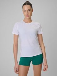 4F Koszulka treningowa regular szybkoschnąca damska - biała XS. Białe bluzki 4f, xs, bez wzorów, bez kołnierzyka, bez ramiączek. Za 79.99 zł.