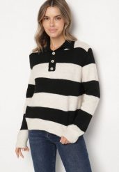 Czarny Sweter w Paski z Domieszką Wełny Zdobiony Kołnierzem i Guzikami Tisania. Czarne swetry Born2be, z aplikacjami, z jeansu, bez ramiączek. Za 159.99 zł.