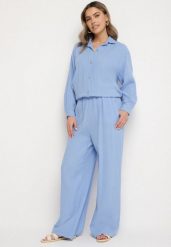 Niebieski Komplet z Bawełny Koszula i Szerokie Spodnie Sarive. Niebieskie koszule Born2be, bez wzorów, z bawełny, eleganckie, bez kołnierzyka, bez ramiączek. Za 169.99 zł.