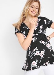 Wiskozowa tunika 2 w 1 ciążowa i do karmienia. Czarne tuniki bonprix, z aplikacjami, z wiskozy, klasyczne, bez kołnierzyka, moda ciążowa, bez ramiączek. Za 127.99 zł.