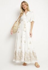 Biała Wiskozowa Sukienka Boho o Rozkloszowanym Kroju z Haftem i Wiązaniem Lilvanis. Białe sukienki Born2be, na co dzień, l, bez wzorów, z jeansu, boho, bez kołnierzyka, bez ramiączek, maxi, rozkloszowane. Za 149.99 zł.