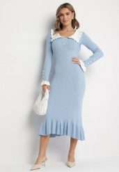 Jasnoniebieska Dzianinowa Sukienka Retro z Wiskozą z Kołnierzykiem i Falbanami Hanlira. Niebieskie sukienki Born2be, na co dzień, m, bez wzorów, z dzianiny, eleganckie, bez kołnierzyka, bez ramiączek, maxi, dopasowane. Za 149.99 zł.
