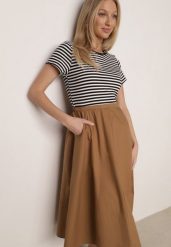 Czarno-Beżowa Rozkloszowana Sukienka z Bawełny z Górą w Paski Aethephaia. Czarne sukienki Born2be, na co dzień, na lato, m, bez wzorów, z bawełny, casualowe, bez kołnierzyka, bez ramiączek, midi, proste. Za 99.99 zł.