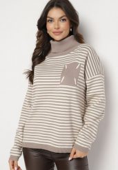 Beżowy Prążkowany Golf z Bawełną w Paski i Naszywką Lerialina. Brązowe golfy Born2be, z aplikacjami, z bawełny, bez ramiączek. Za 139.99 zł.