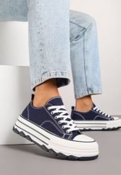 Granatowe Trampki na Platformie z Paskami i Niską Cholewką Zienelle. Niebieskie trampki Renee, bez wzorów, z jeansu, przed kostkę, bez zapięcia. Za 69.99 zł.