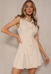 Beżowa Sukienka Koszulowa Ozdobiona Guzikami Rediure. Brązowe sukienki Renee, na spotkanie biznesowe, l, z aplikacjami, eleganckie, bez kołnierzyka, bez ramiączek, mini, koszulowe. Za 74.99 zł.
