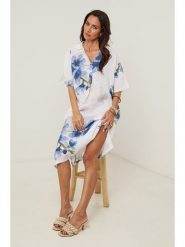 Le Monde du Lin Lniana sukienka w kolorze biało-niebieskim rozmiar: 40/42. Białe sukienki Le Monde du Lin, bez wzorów, ze lnu, bez kołnierzyka, bez ramiączek, midi. Za 165.99 zł.