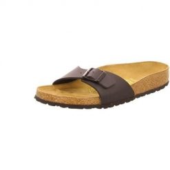 Klapki damskie Birkenstock 040793. Brązowe klapki Birkenstock, bez wzorów, z materiału, bez obcasa. Za 338.36 zł.